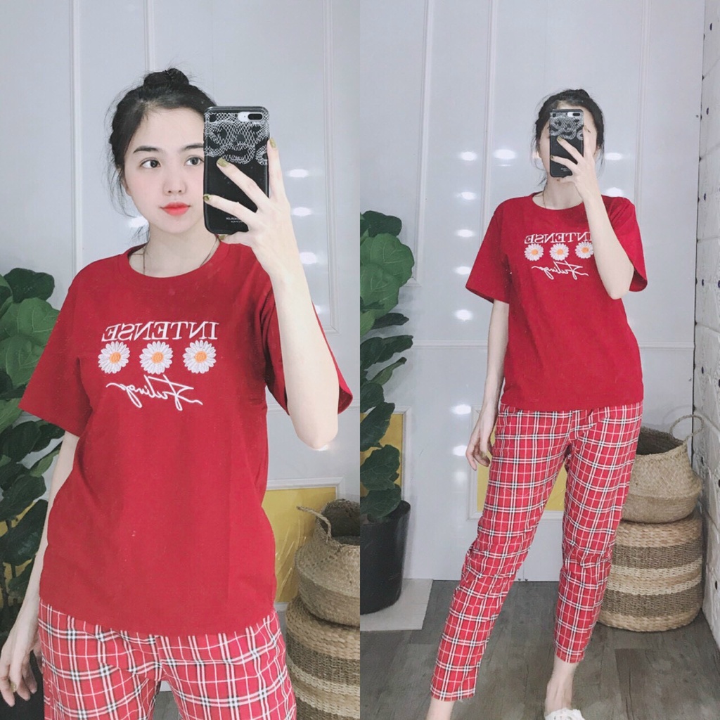 ĐỒ BỘ-SET ĐỒ BỘ THUN COTTON QUẦN DÀI SỌC CARO ÁO IN HOA NHIỀU MÀU SẮC