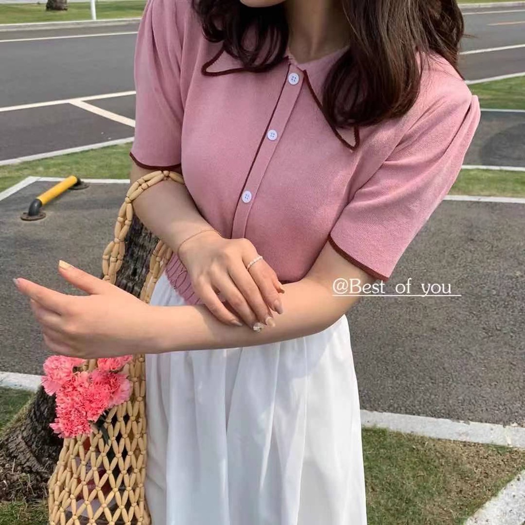 SUXI Áo Dệt Kim Tay Ngắn Phồng Cổ Polo Hàng Nút Đơn Phong Cách Hàn Quốc Hàng Mới