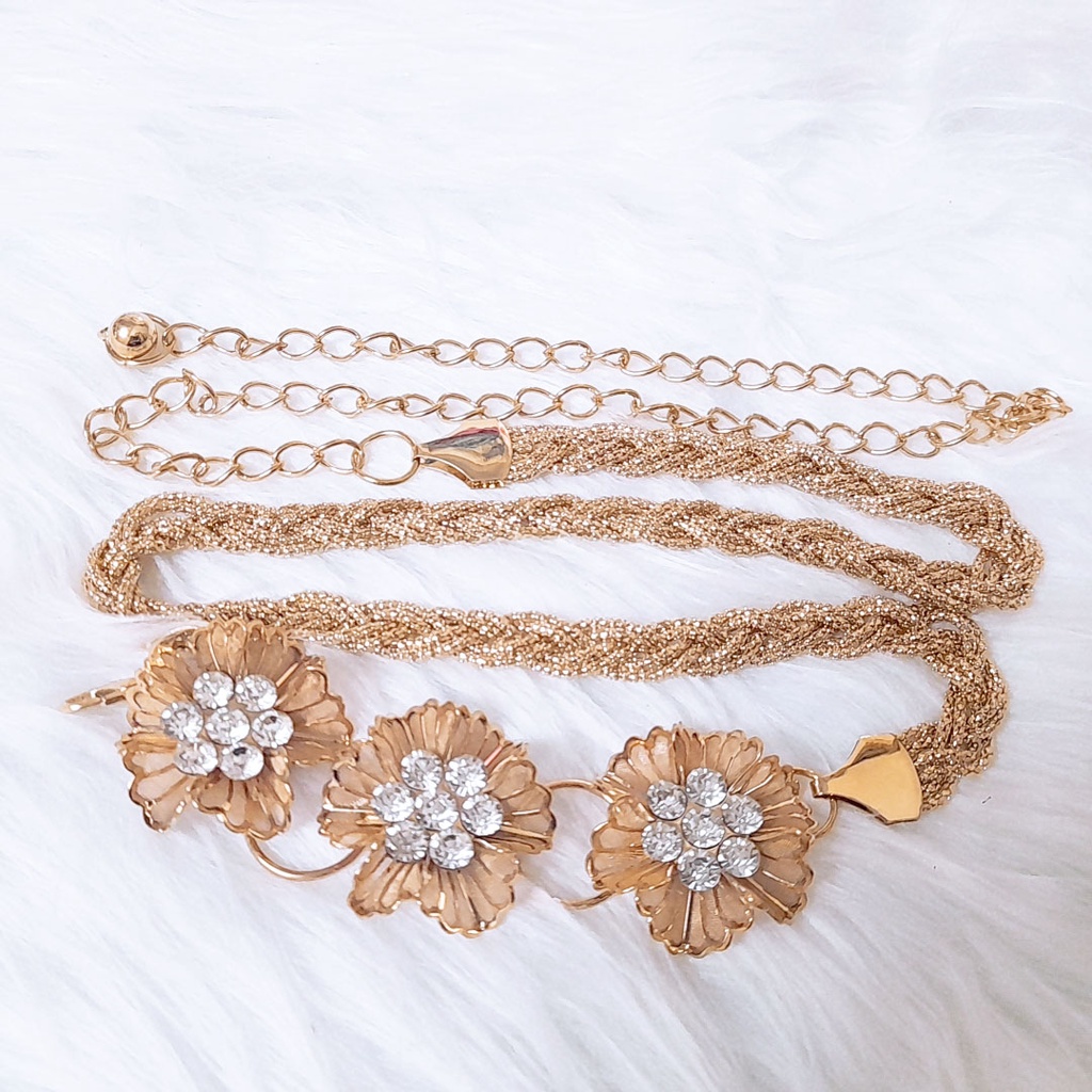 Dây đai váy 3 bông hoa đính đá, thắt lưng móc xích hợp kim nữ