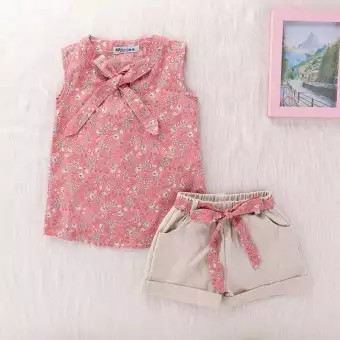 Trẻ em Bộ Cho Bé Gái Mùa Hè Phù Hợp Với Quốc Gia Cotton Phong Cách Hoa Văn Ngắn + Quần Bé Gái Quần Áo-168-OXUI1