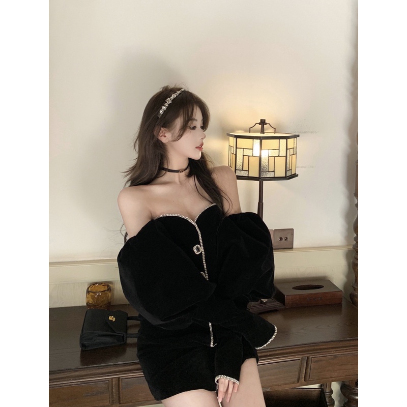 Đầm nhung dài tay hàng Quảng Châu cao cấp phong cách sang trọng tiểu thư khí chất đầu mùa thu ngọt ngào