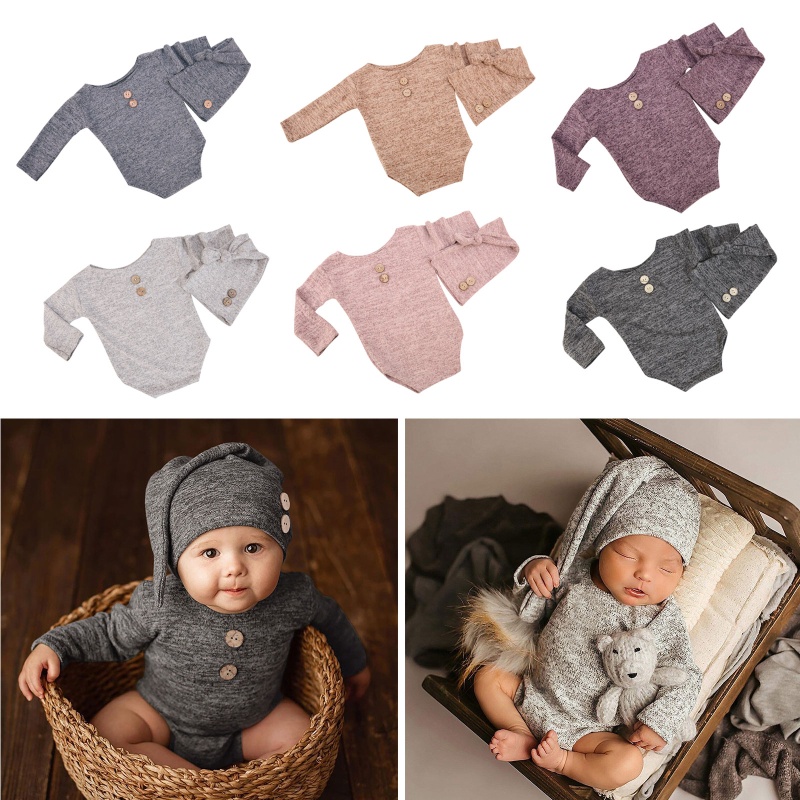 Bộ Áo Liền Quần Tay Dài Đính Nút + Mũ Đuôi Dài Màu Trơn Làm Phụ Kiện Chụp Ảnh Cho Bé Sơ Sinh