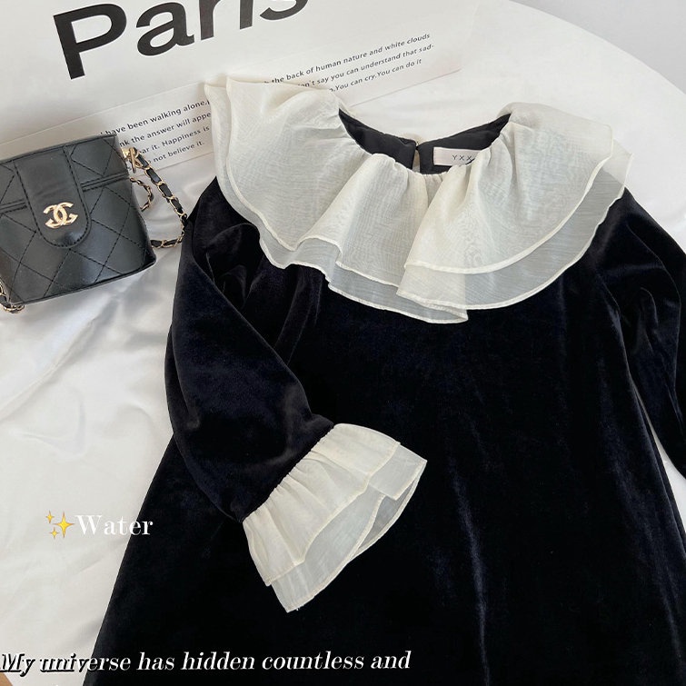 Đầm Nhung Cổ Bèo Phong Cách Chic Hàn Quốc Xinh Xắn Cho Bé Gái