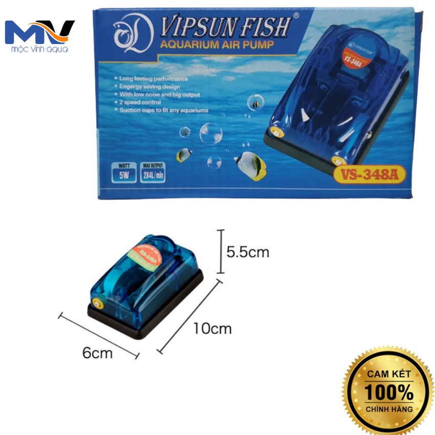 Máy sủi oxy hồ cá 2 vòi Vipsun siêu êm, nhỏ gọn