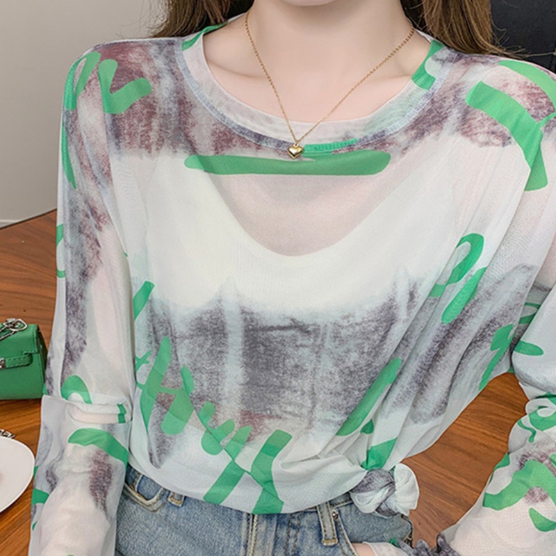 Áo Lưới Tay Dài In Chữ Màu Sắc Tương Phản Trọng Lượng Nhẹ Thoáng Khí Thời Trang Cho Nữ