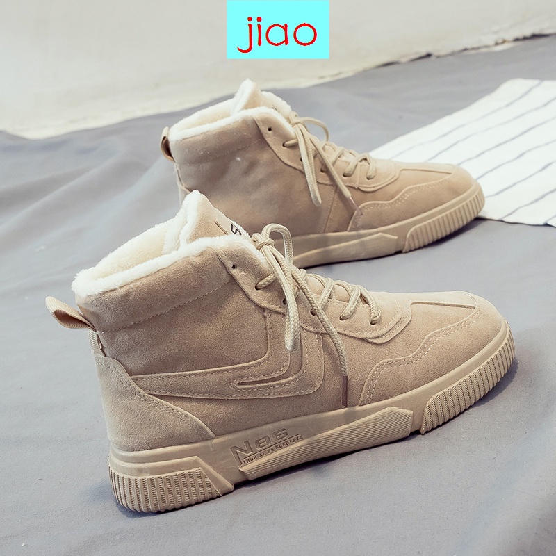 Giày boot Martin cổ cao phối lông nhung phong cách Anh thời trang thu đông cho nữ