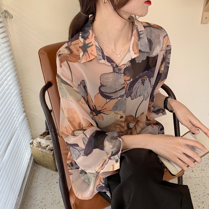 Áo Sơ Mi Chiffon Dài Tay Họa Tiết Hoa Thời Trang