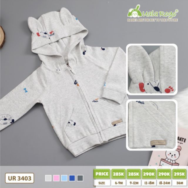 (UALA&ROGO) ÁO KHOÁC NỈ CÓ MŨ TAI THỎ 2-3Y