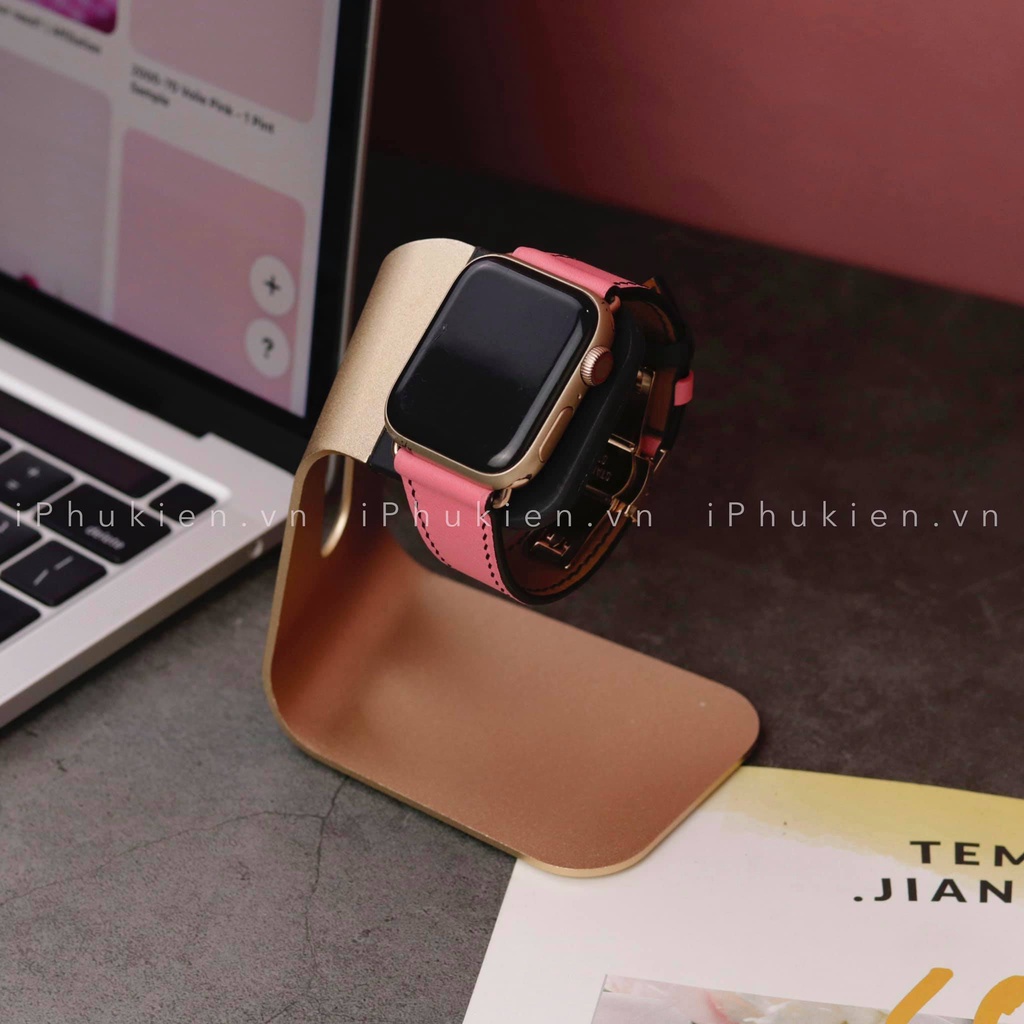 Dây Da Handmade [DA THẬT, BẢO HÀNH 1 NĂM] Swift Hồng Chỉ Đen cho Apple Watch Seris 1/2/3/4/5/6/7