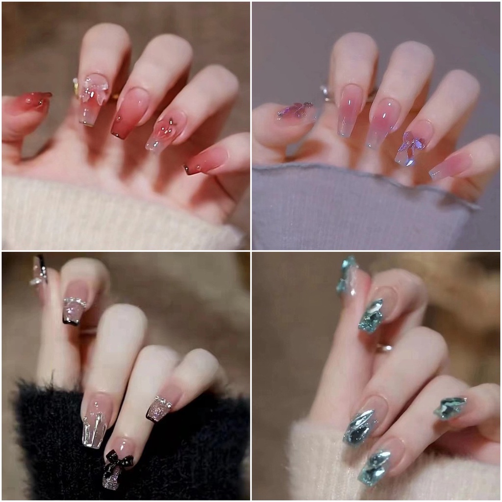 Set 24 Móng Tay Giả Màu Tím Phong Cách Pháp Thời Trang