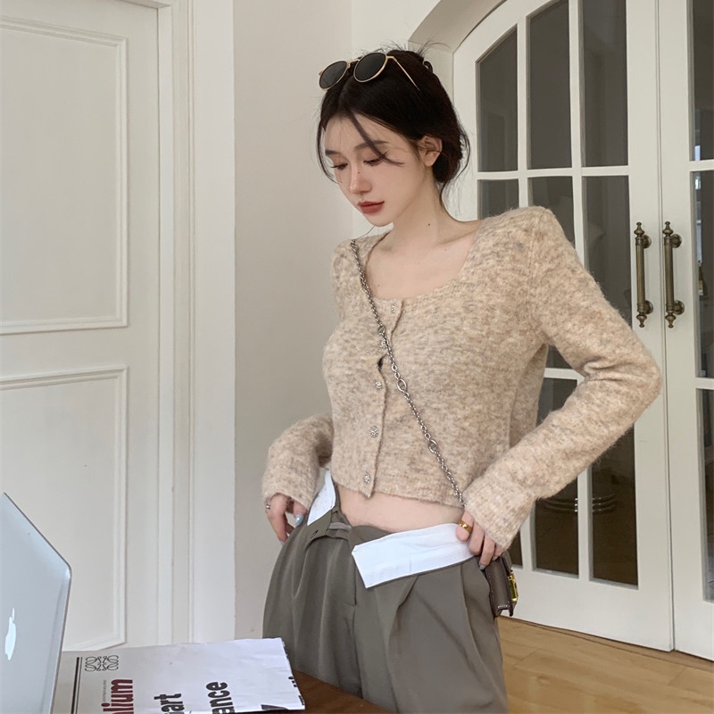 Áo Cardigan Dệt Kim Tay Dài Cổ Vuông Dáng Ôm Thời Trang Cho Nữ