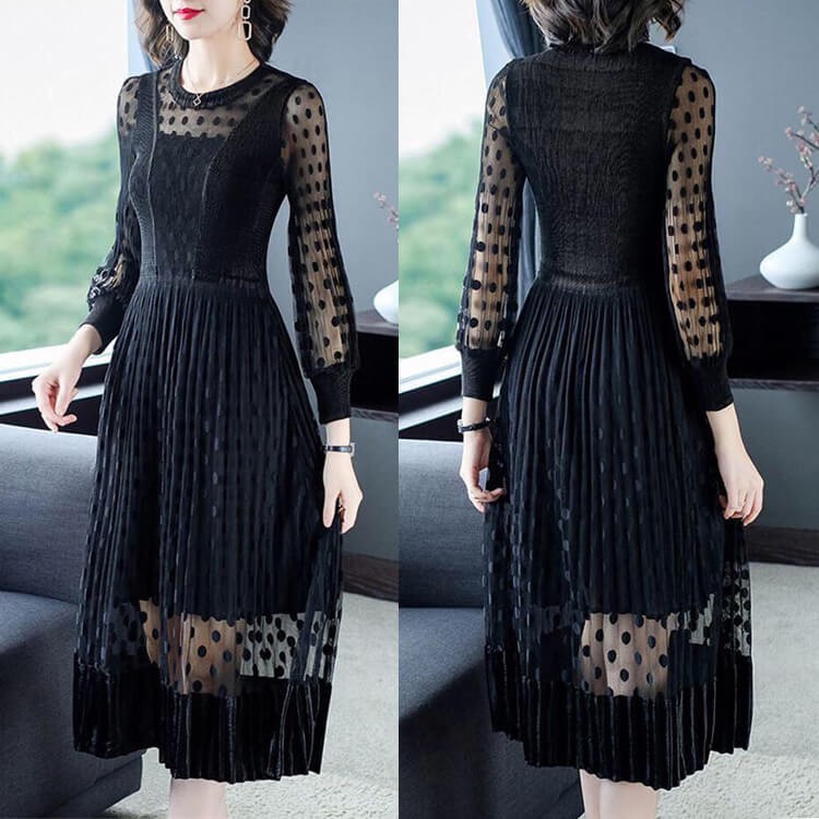 Đầm Phối Lưới Chấm Bi Cao Cấp - Váy Ren Dạ Hội Phối Nhung Hàng Nhập Có Khoá Kéo Bên Hông Dáng Xoè