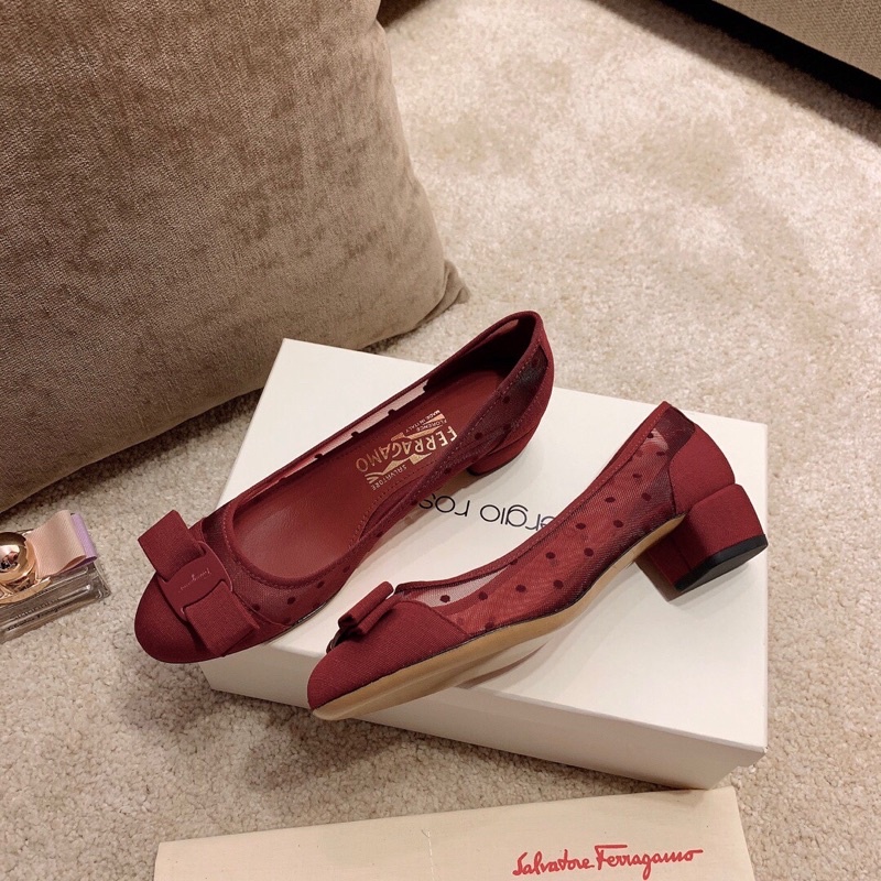 Giày búp bê phối lưới gót cao 3.5cm thương hiệu Salvatore Ferragamo cao cấp