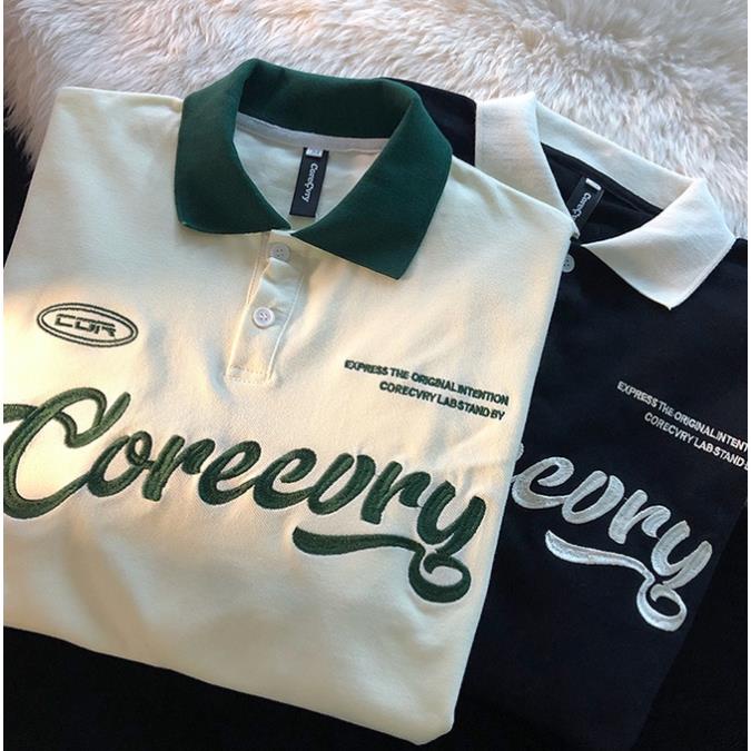 Áo thun polo unisex Corecury tay lỡ form rộng , áo thun cổ bẻ nam nữ chất cotton cá sấu mềm, logo thêu – MayLinh shop 🔥