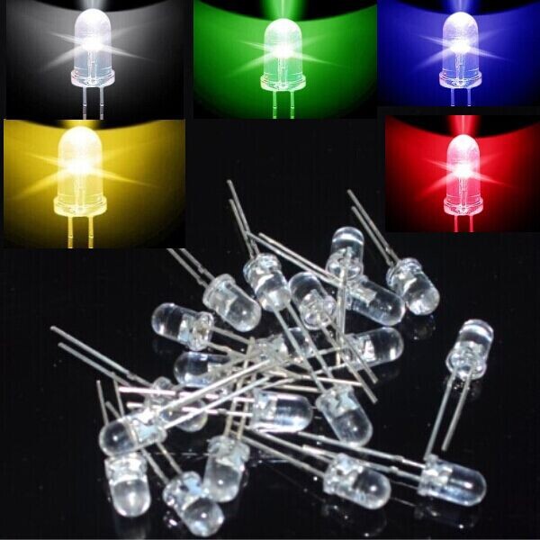 500pcs = 5 màu x100pcs mới 5mm tròn siêu sáng Led đỏ / xanh lá cây / xanh dương / vàng / trắng / nước rõ ràng LED bộ điốt ánh sáng