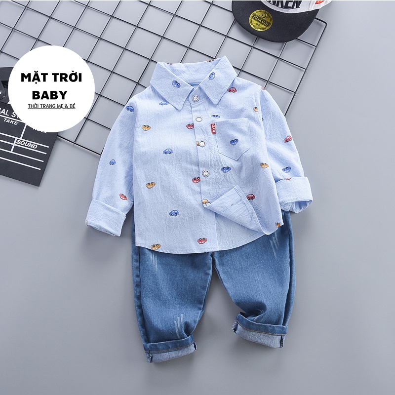 Set áo sơ mi họa tiết oto kèm quần jeans cho bé trai 1-4 tuổi