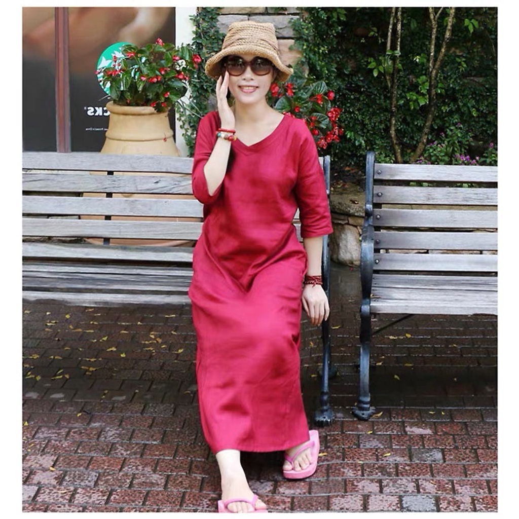 (TỔNG KHO LÂM ANH CHUYÊN SỈ) Đầm suông linen cổ tim tay lỡ - Đỏ đô