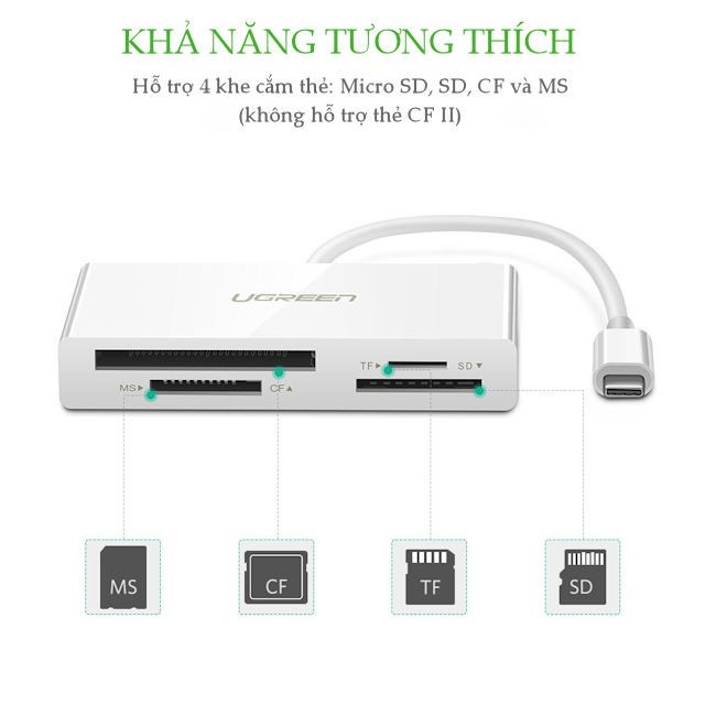 Đầu Đọc Thẻ Nhớ TF / SD 3.0 / CF / MS cao cấp chính hãng Ugreen 40444 - Bảo hành chính hãng 18 tháng