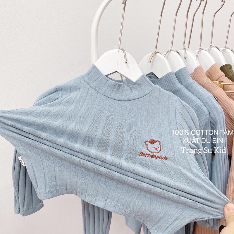 COMBO 3 BỘ TĂM DÀI TAY CỔ 3 PHÂN THÊU GẤU CHO BÉ GÁI.