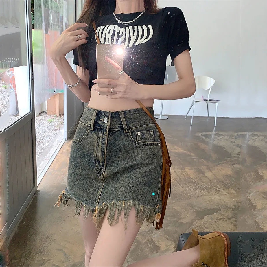 COZOK Chân váy jean Lưng Cao Thời Trang Retro Cá Tính