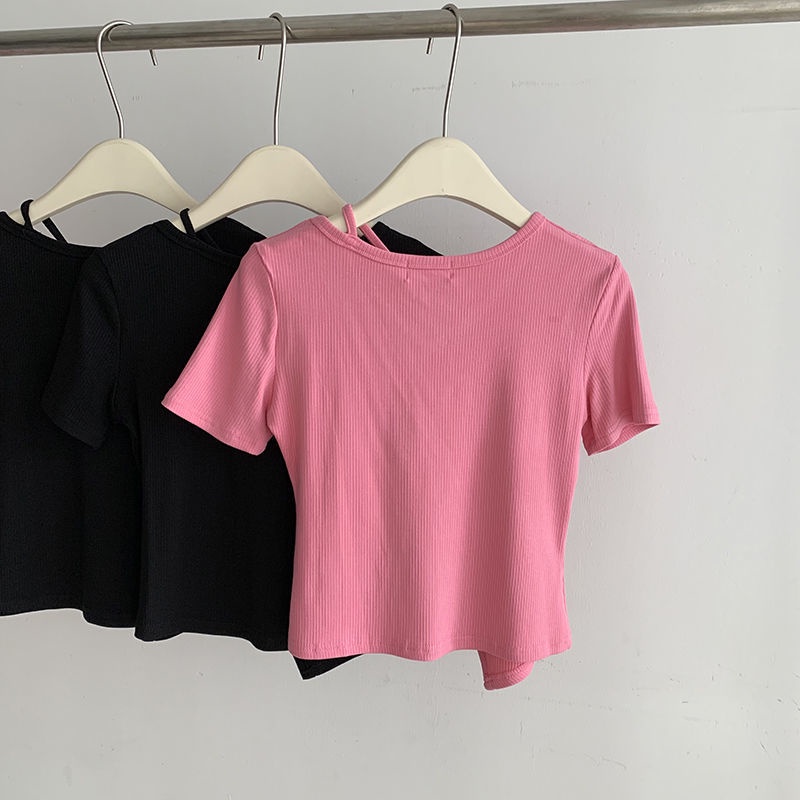 Áo Thun Tay Ngắn Dáng Ôm Xẻ Tà Kiểu Hàn Quốc Thời Trang Mùa Hè Cho Nữ