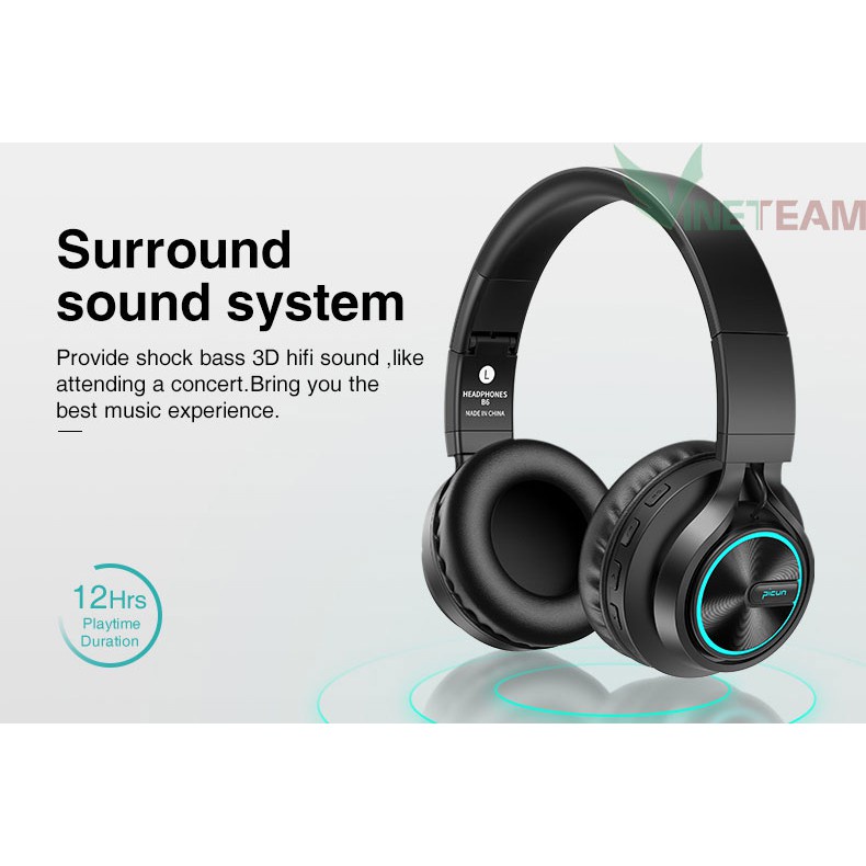 Tai Nghe Chụp tai Over-ear Bluetooth Picun B6 Hifi Stereo Có Thể Gấp Gọn, Khe Thẻ nhớ ,Bass mạnh,Cách âm tốt -dc3378