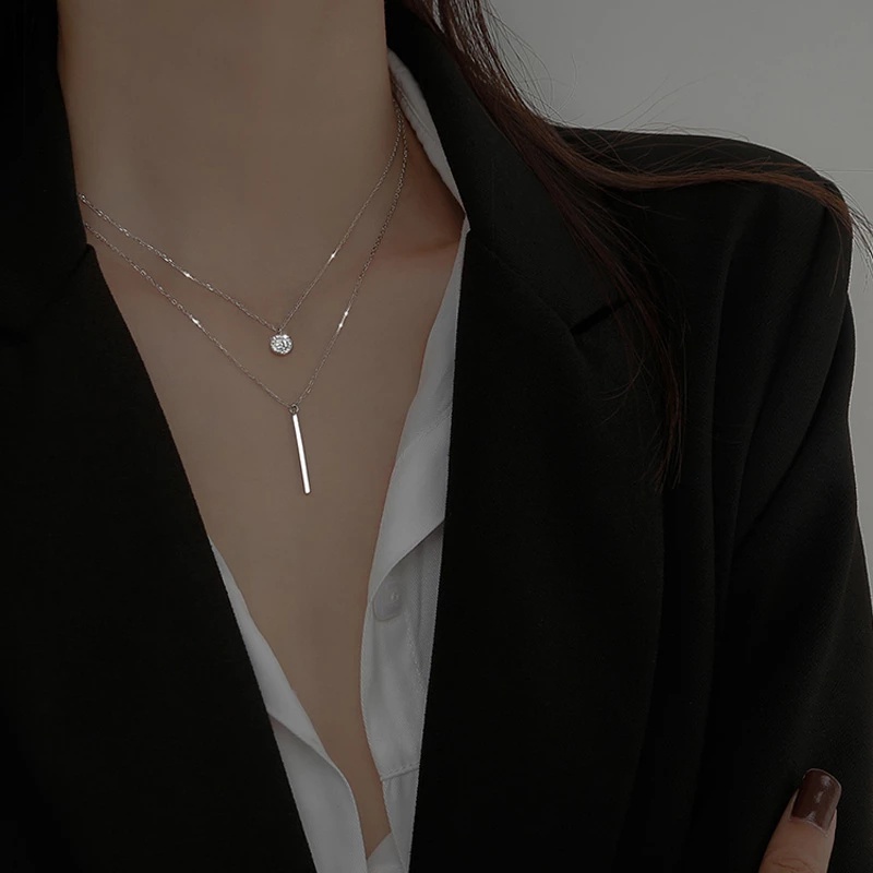 Vòng Cổ Choker Hai Lớp Dạng Thanh Dài Đính Đá Zircon Phong Cách Hàn Quốc Thanh Lịch Cá Tính