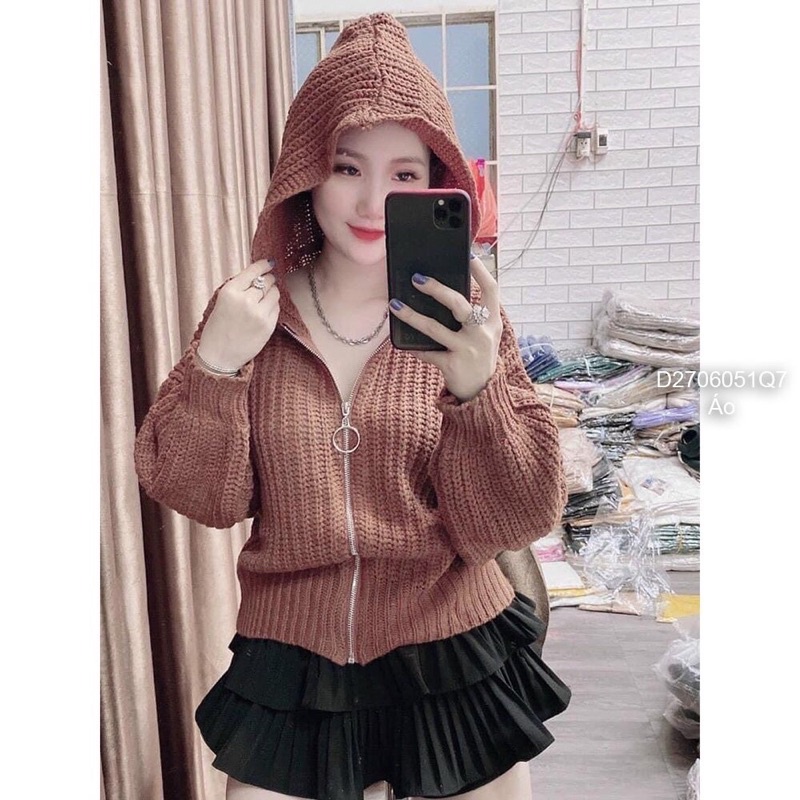 Áo khoác Len dễ thương có nón tay dài khoá kéo TT2706