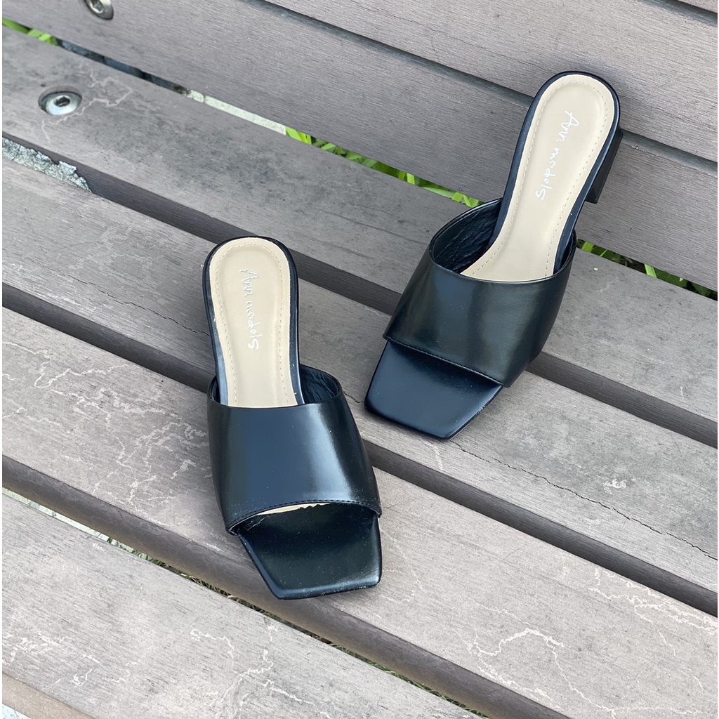 Guốc nữ 3 phân quai ngang dáng sandal cao gót mules gót vuông 3p mũi vuông thời trang công sở
