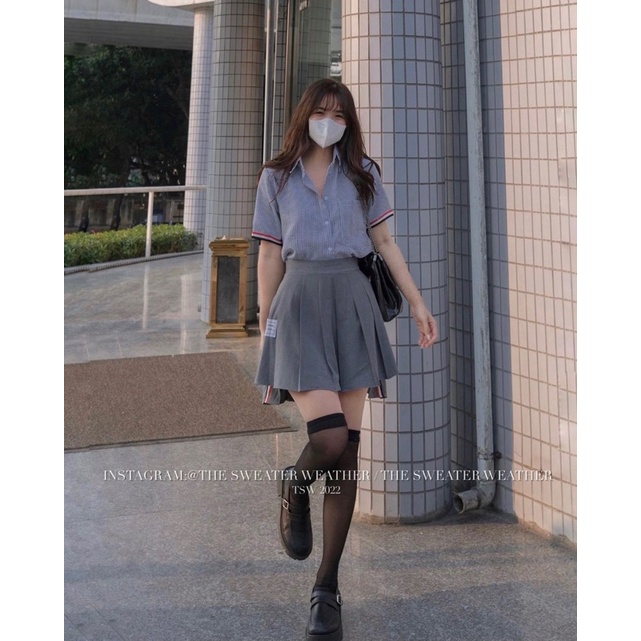 Set Chân váy xếp ly Kaki Chân váy Tennis co giãn mix áo sơ mi kẻ sơ mi đũi kẻ sọc Ulzzang