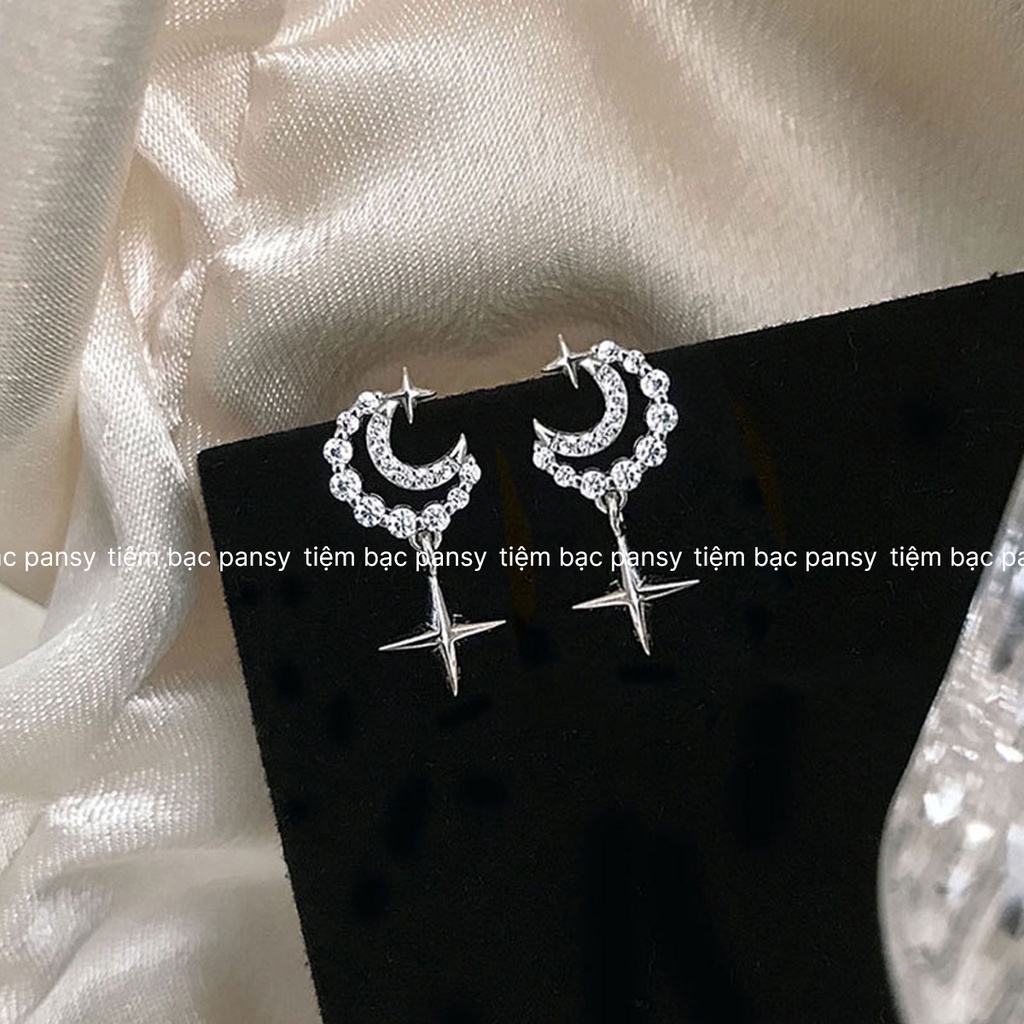 Bông tai bạc nữ PANSY mặt trăng khuyết nạm đá xinh xắn - Khuyên tai bạc ta hình trăng sao may mắn