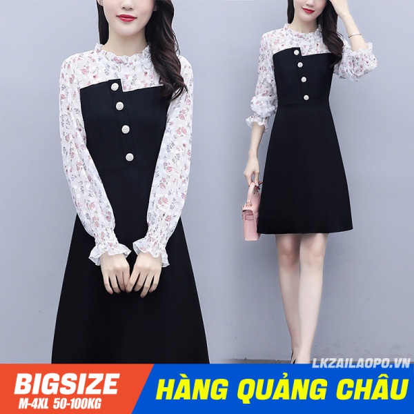 BIGSIZE nữ 45-100kg Váy Đầm Tay Dài Phong Cách Hàn Quốc - quảng châu cao cấp