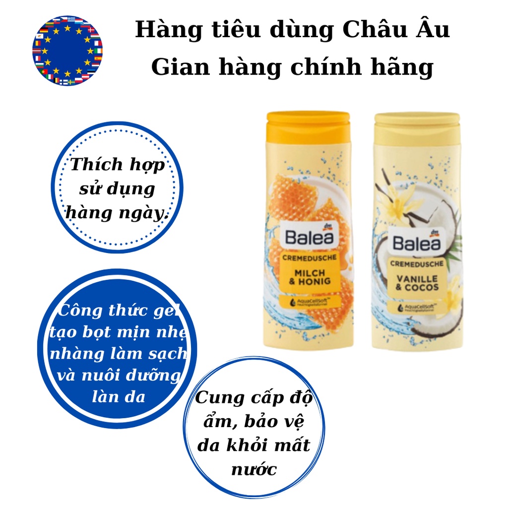 Sữa tắm BALEA cấp ẩm, làm sáng mịn da, chiết xuất thiên nhiên hương thơm lâu ,hàng nội địa Đức