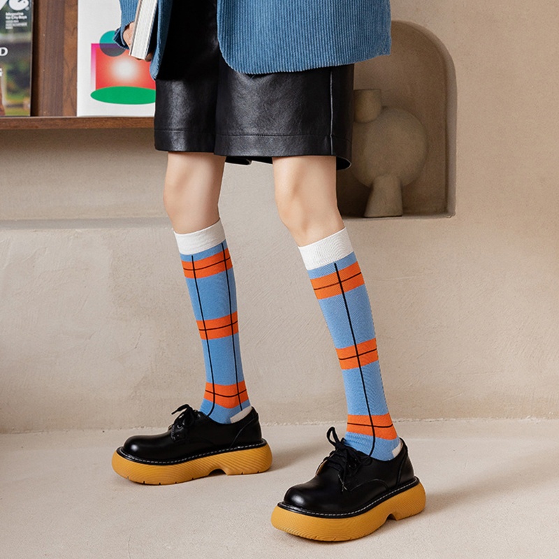XIXI Vớ cotton cổ cao kẻ sọc màu sắc tương phản phong cách vintage cho nữ