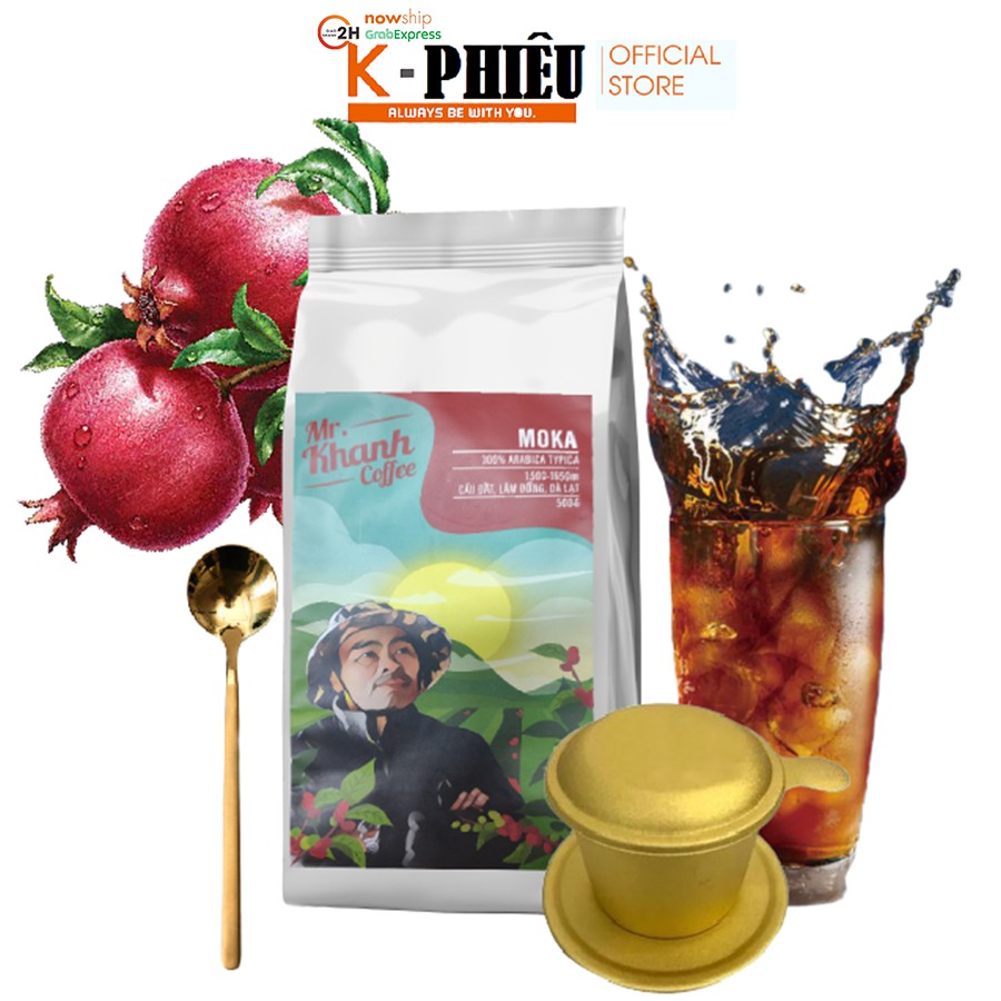 [Mùa mới] Cà Phê Moka Võ Khanh Cầu Đất Arabica Typica Moka 100% K Phiêu (Túi 500g)- Tặng Phin và muỗng inox vàng óng ánh