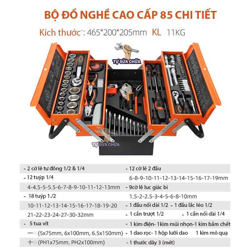 Thùng đồ nghề sửa chữa di động 85 Chi Tiết Nhập Khẩu,  bộ dụng cụ sửa chữa xe máy chuyên dụng, hàng chuẩn loại xịn