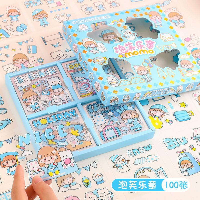 Hộp 100 tấm sticker dán trang trí sổ lưu niệm cute, kệ giá sách