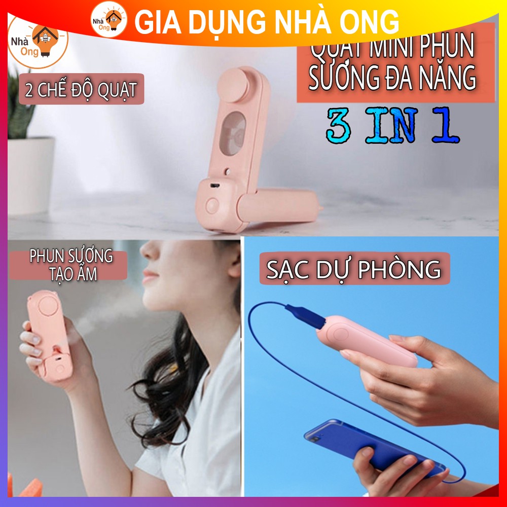 Quạt Cầm Tay Phun Sương Tạo Ẩm Kèm Sạc Dự Phòng Gấp Gọn Mini Tích Điện Đầu USB Đa Năng