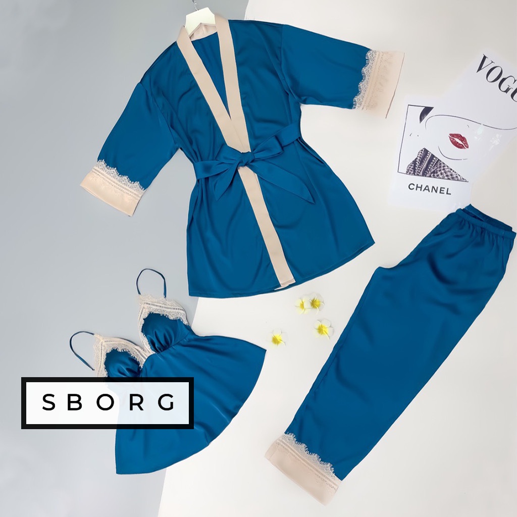 Set đồ ngủ SBORG bộ ngủ lụa latin áo 2 dây mút ngực dún chỉ quần dài viền ren phối áo khoác tay lửng sexy freesize 60kg