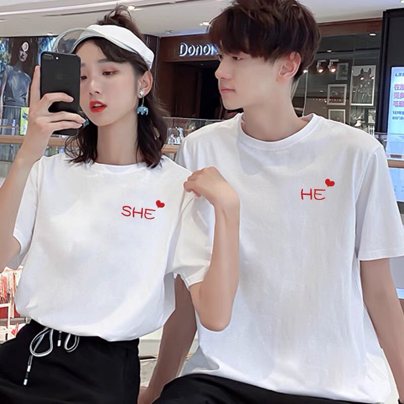 Áo thun (áo phông) cặp đôi dáng unisex Couple Ciu nhiều size cho nam nữ - Họa tiết He She hai màu đen trắng