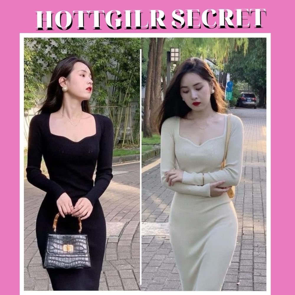 Váy body dài tay Hottgirlshop,đầm body dài co dãn tôn dáng sexy đủ size 42-64kg- VBD0001