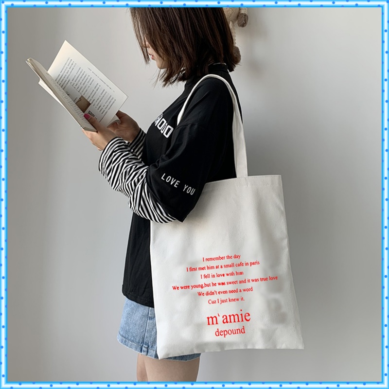 Túi tote m' amie vải canvas chất đẹp mềm có dây kéo may kĩ có ngăn nhỏ bên trong
