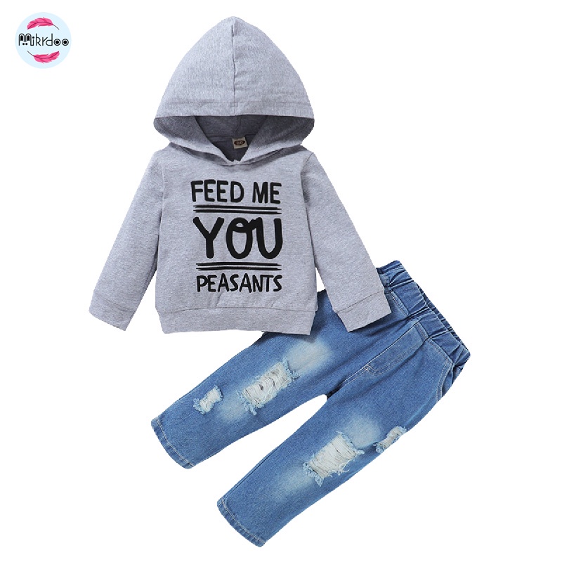 Set đồ 2 món Mikrdoo gồm áo hoodie tay dài in chữ + quần denim thời trang mùa thu cho bé