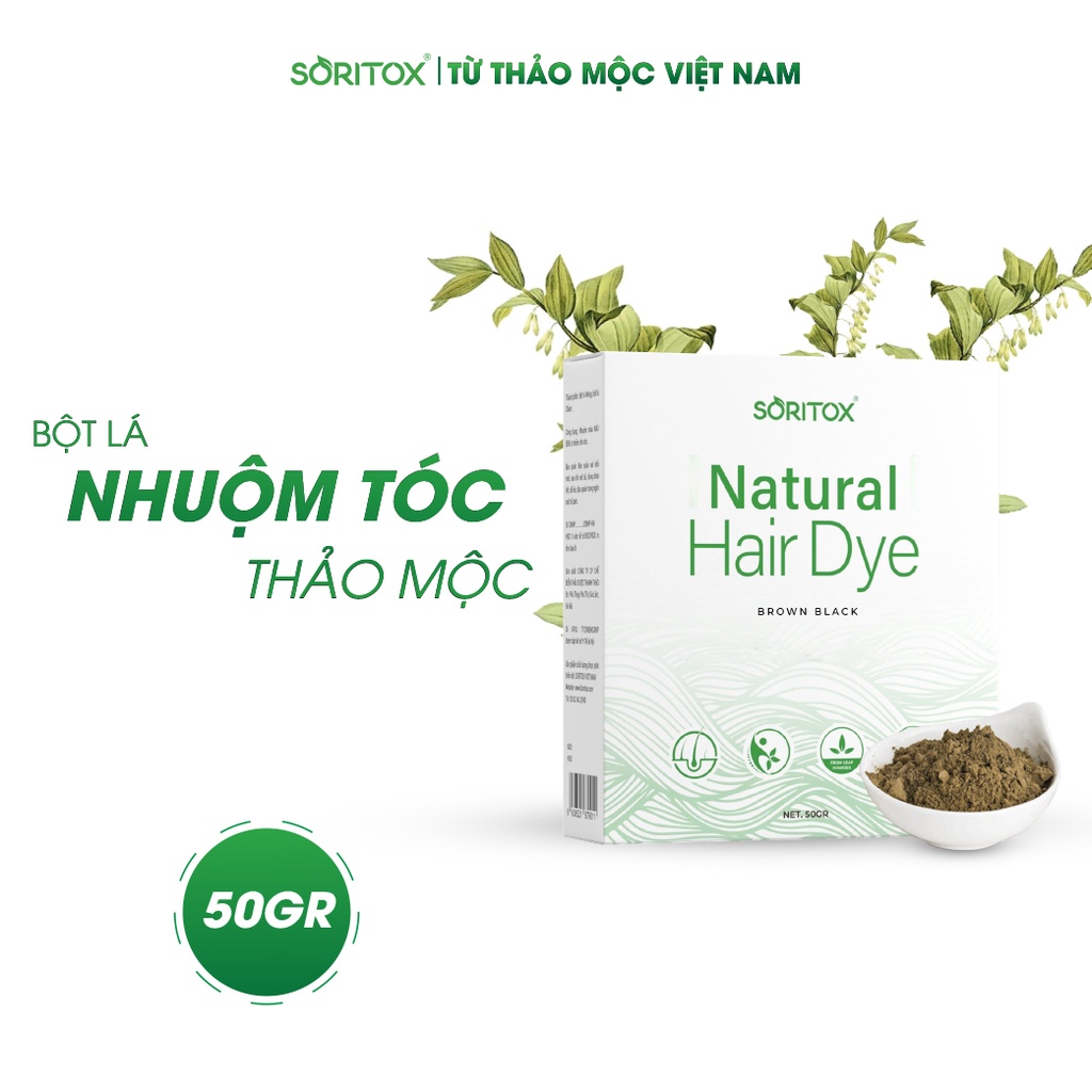 Soritox Hair 50GR - Bột lá Nhuộm tóc, phủ bạc Thảo mộc màu Nâu Đen tự nhiên từ bột lá Móng Ấn Độ và lá Chàm Việt Nam