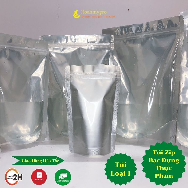 1kg Túi zip bạc đáy đứng đựng thực phẩm 1 mặt bạc