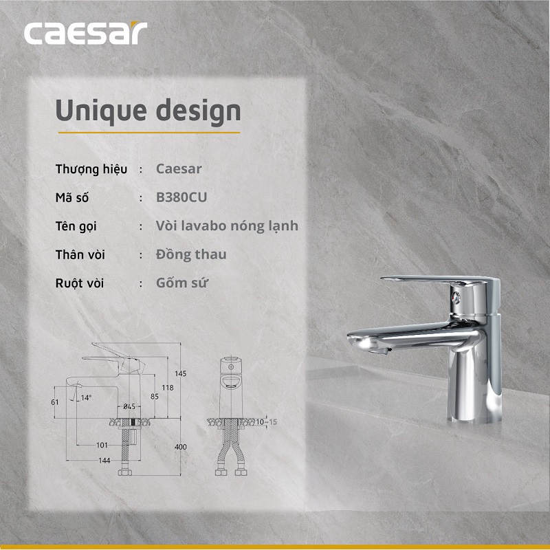 Vòi chậu lavabo nóng lạnh CAESAR B380CP- xả ty B380CU- xả nhấn