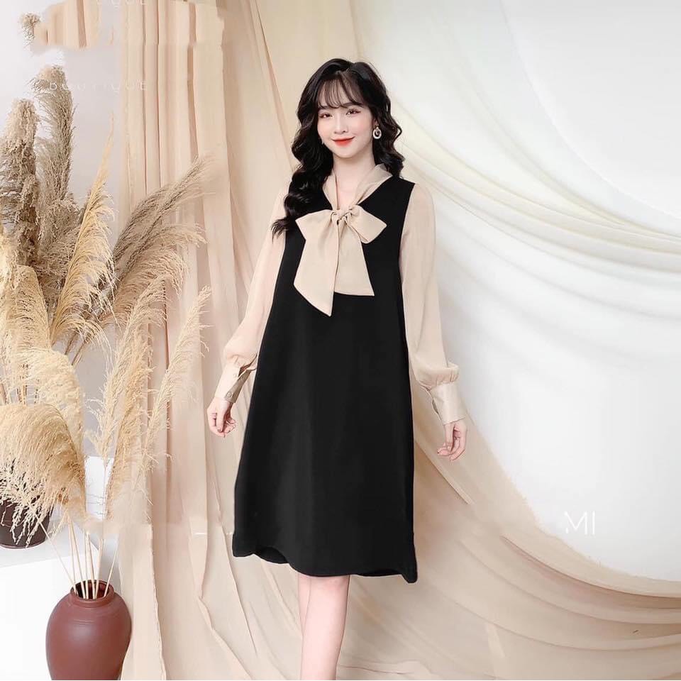 Váy bầu dài tay cổ nơ  FREESHIP  đầm nữ đẹp Full size S/M/L