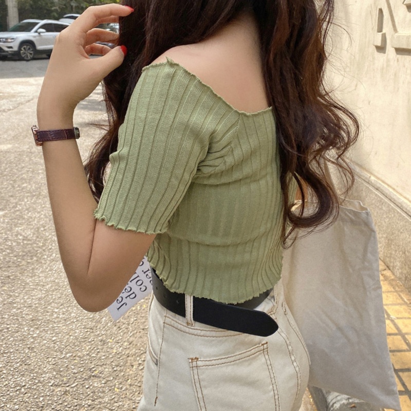 Áo Croptop Dệt Kim Trễ Vai Tay Ngắn Dáng Ôm Thời Trang Quyến Rũ Cho Nữ