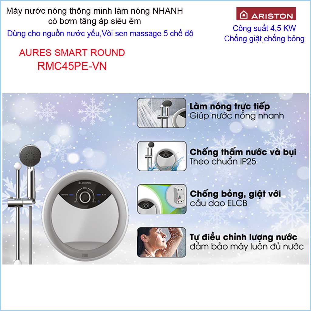 Máy nước nóng Ariston RMC45PE-VN, máy nước nóng trực tiếp có bơm thông minh Aures Smart Round (có bơm) 3195095