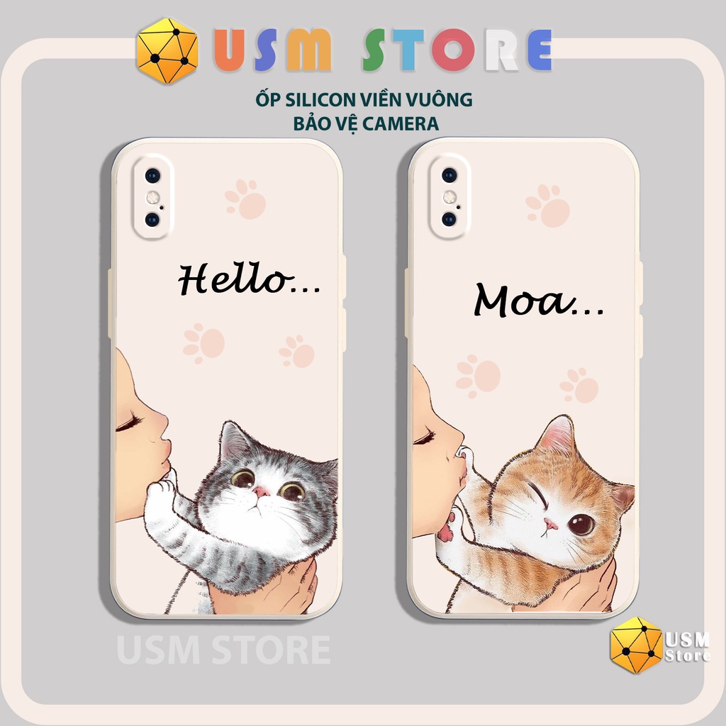 Ốp điện thoại iphone 6/6s/6plus/7plus/8/8plus/X/XS/XSmax/XR viền vuông có cạnh bảo vệ camera, hình mèo dễ thương